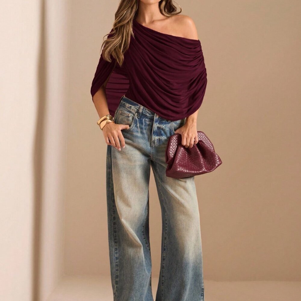 Maroon Off-Shoulder Ruched Women's Elegant Bodysuit